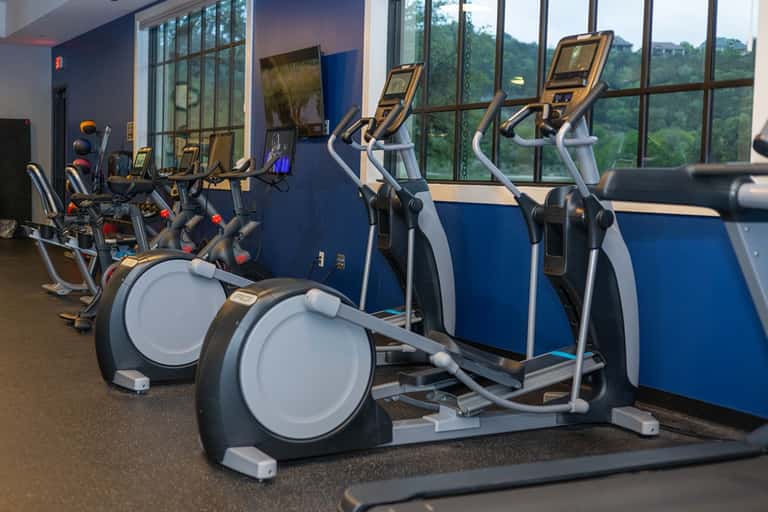 Modern gym with blue and white elliptical machines and forest view through large windows
