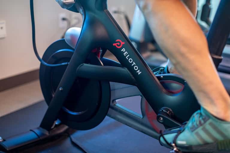 Close-up of Peloton stationary exercise bike in hotel fitness center