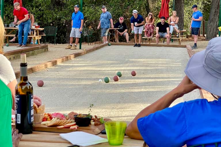 Outdoor bocce ball game with guests socializing, food, and drinks under trees