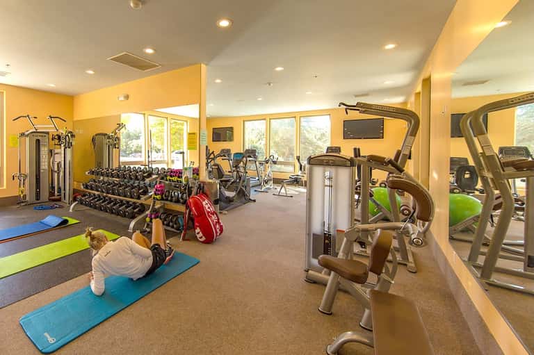 Bright fitness center with yellow walls, cardio equipment, dumbbells, mirrors, and large windows