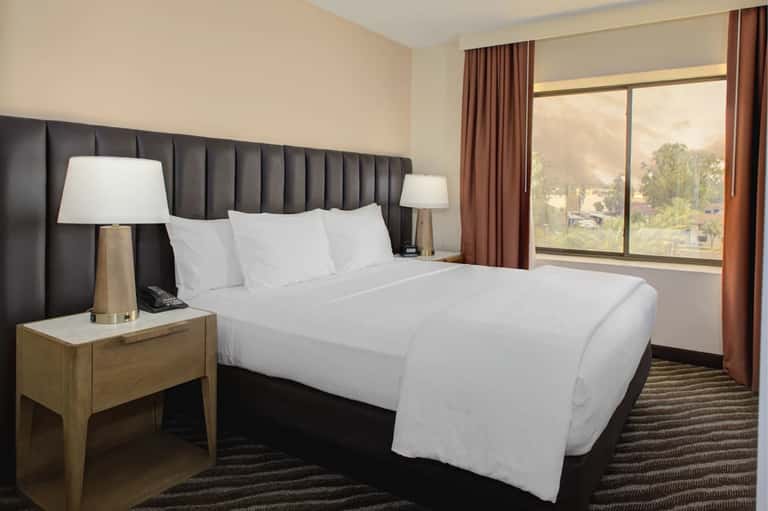 Upscale hotel bedroom with dark headboard, white linens, wood nightstands, and large windows