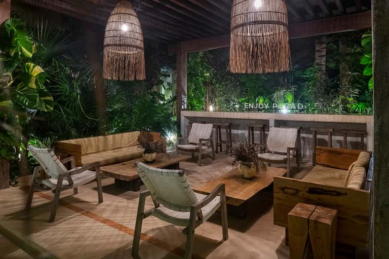 Indoor tropical lounge with woven pendant lights, lush green plants, wooden furniture, and ambient lighting
