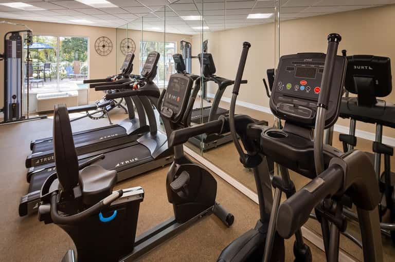 Hotel fitness center with treadmills, exercise bikes, cardio equipment, mirrors, and windows overlooking grounds