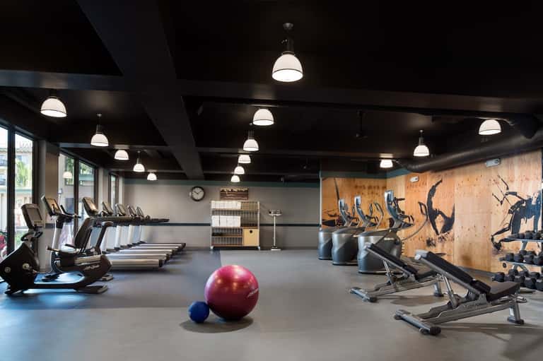 Spacious gym with exercise bikes, treadmills, wooden accent wall, and purple exercise ball