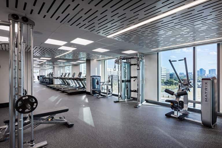 High-rise fitness center with cardio equipment, weights, and panoramic city skyline views through windows