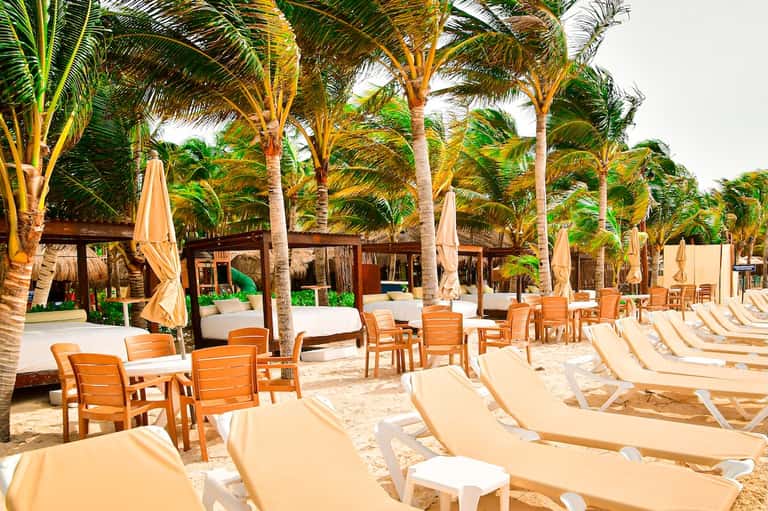 Tropical beach resort with cabanas, palm trees, white loungers, and thatched roofs