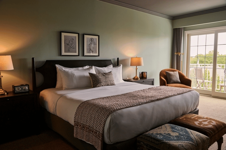 Elegant hotel bedroom with king bed, black headboard, balcony doors, and countryside views