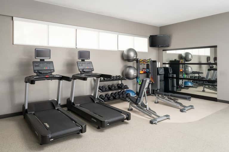 Fitness center with treadmills, dumbbells, exercise balls, and wall mirror