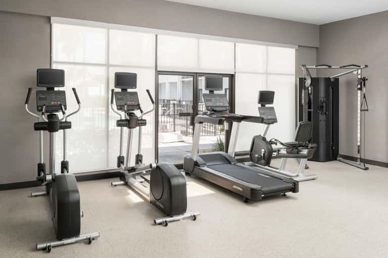 Bright fitness center with cardio equipment, treadmills, ellipticals, and large windows overlooking a balcony