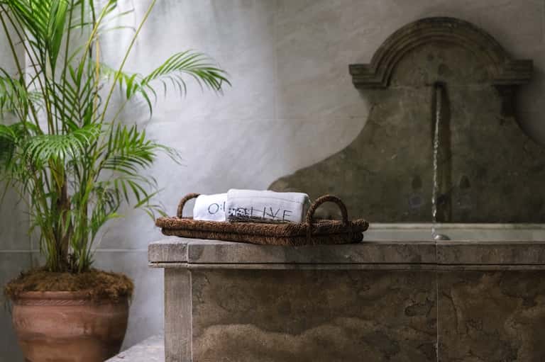 Spa bathtub with towels and potted plant near stone water fountain
