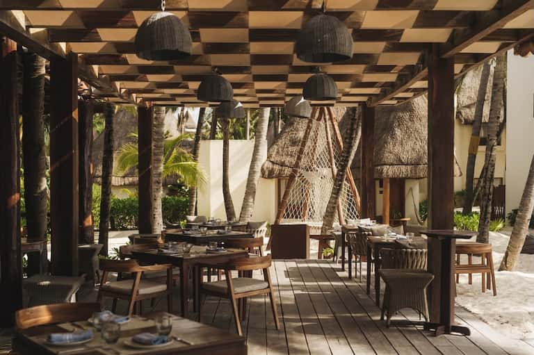 Outdoor dining pergola with woven pendant lights, palm trees, and casual restaurant seating