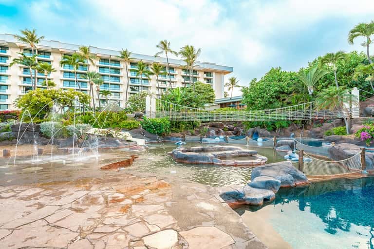 Resort pool area with natural rock features, blue water, tropical plants, and multi-story hotel building