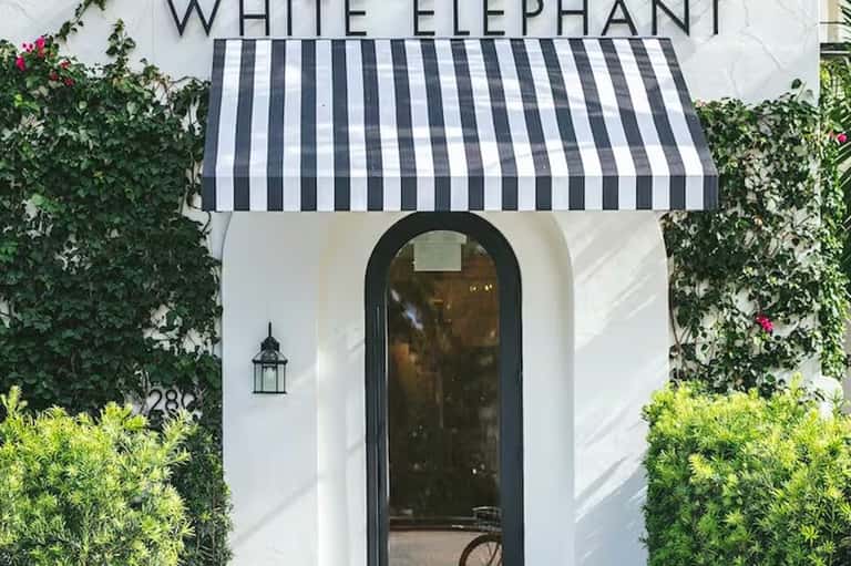 White storefront entrance with black striped awning and ivy-covered walls