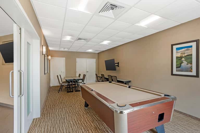 Game room with pool table, meeting area with table and chairs, and flat-screen TV