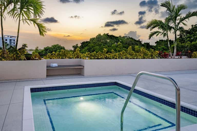 Rooftop plunge pool at dusk with palm trees, white walls, tropical landscape view, and sunset sky