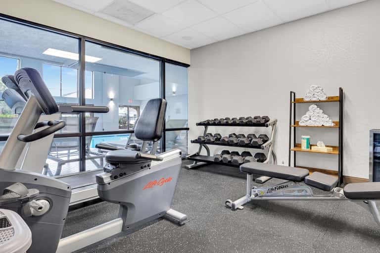 Hotel fitness center with cardio equipment, dumbbells, and window views of pool area
