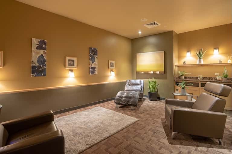Luxurious spa relaxation room with tan and brown tones, comfortable seating, and ambient lighting