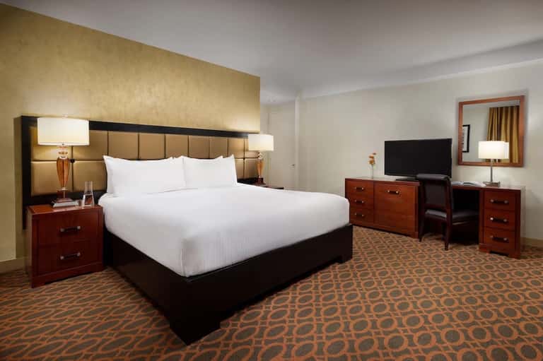 Hotel bedroom with queen bed, beige headboard, wood nightstands, TV, and patterned carpet flooring