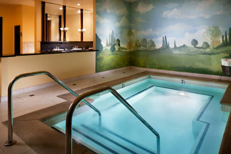 Indoor spa with hot tubs, scenic landscape mural, and modern vanity with mirrors