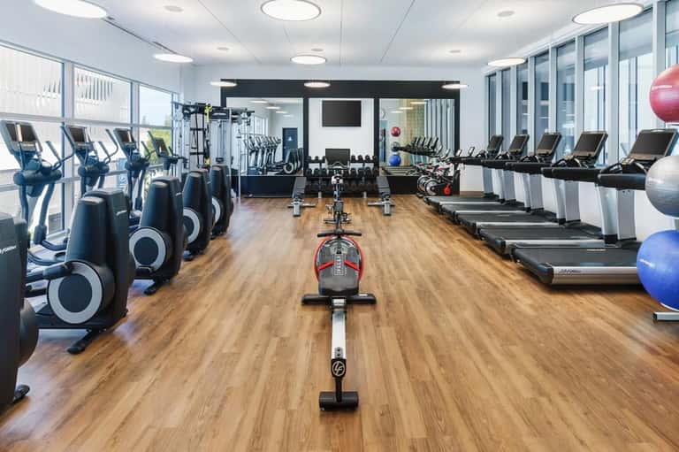 Full-service gym with cardio equipment, spinning bikes, dumbbells, and bright natural lighting throughout