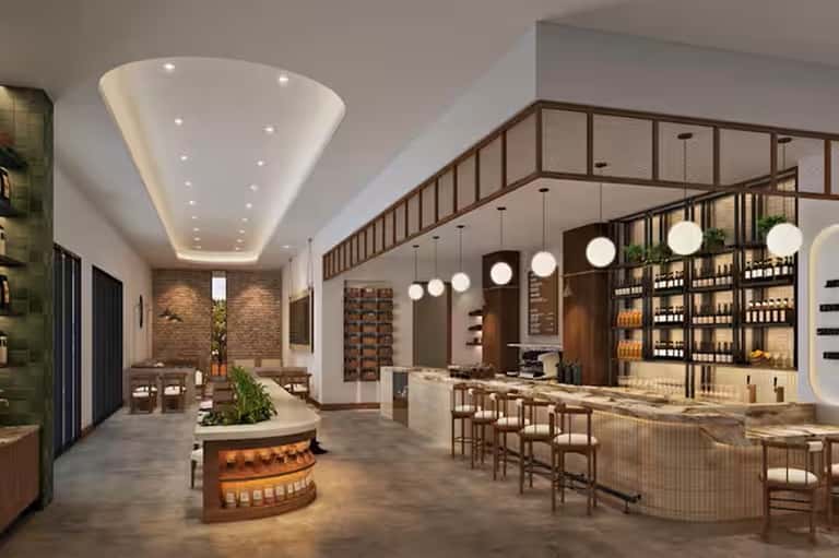 Modern spa and wellness center interior with marble bar, ambient lighting, and upscale finishes