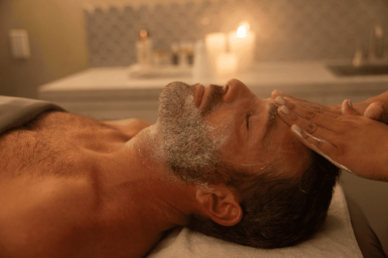 Man receiving facial treatment or massage in spa setting with warm lighting