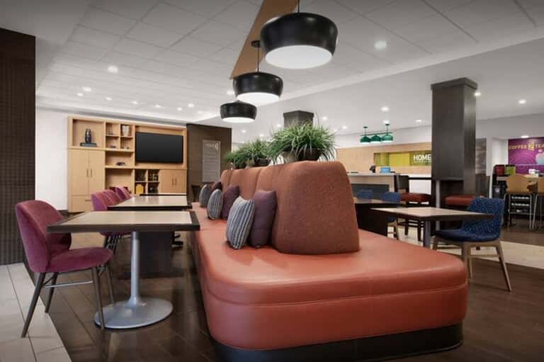 Hotel lobby lounge with contemporary furnishings and casual seating areas