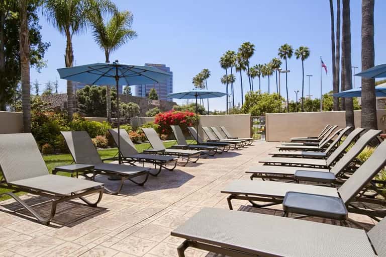Outdoor lounge area with recliners, umbrellas, palm trees, and manicured landscape