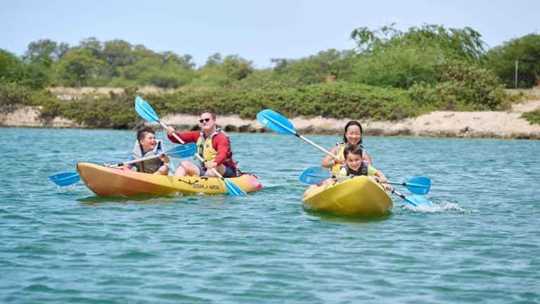 Family kayaking in clear turquoise water with guide and lush shoreline in background