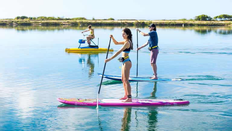 Group paddleboarding on calm river waters with scenic natural landscape in background
