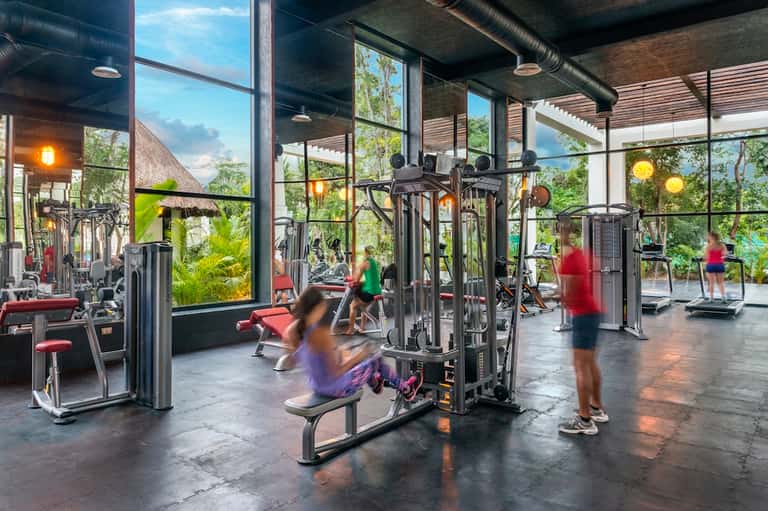 Modern fitness center with gym equipment, large windows, nature views, and people exercising