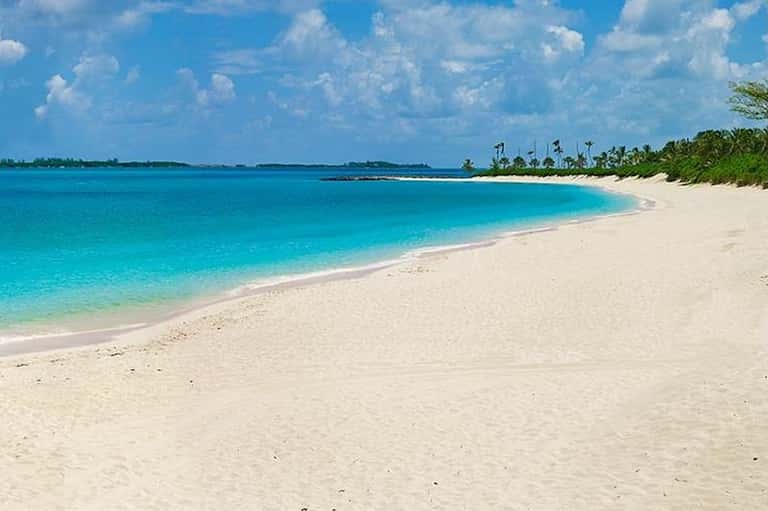 Pristine tropical beach with turquoise water, white sand, and palm trees