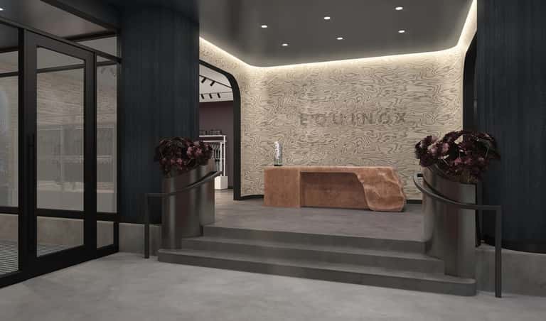 Contemporary hotel lobby entrance with dark wood accents, decorative planters, and ambient lighting