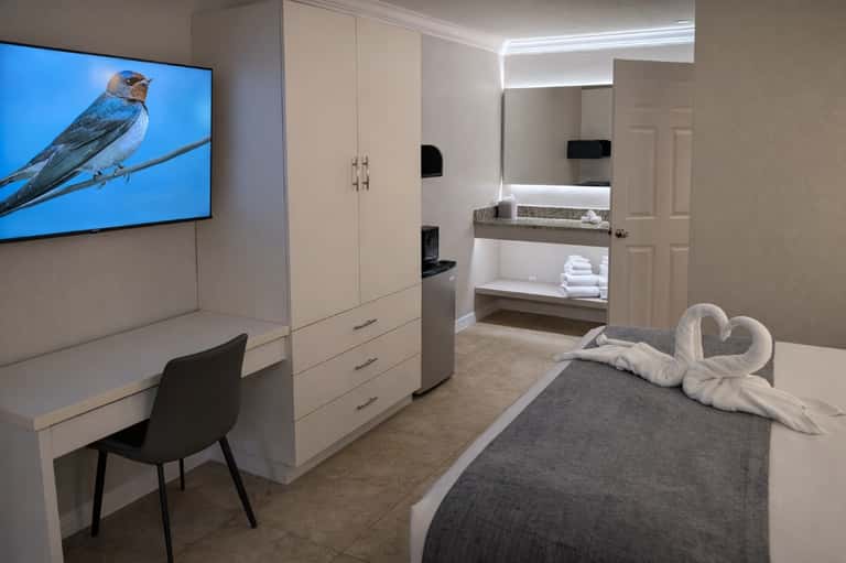 Hotel suite with bed, work desk, flat-screen TV, wardrobe, and en-suite bathroom