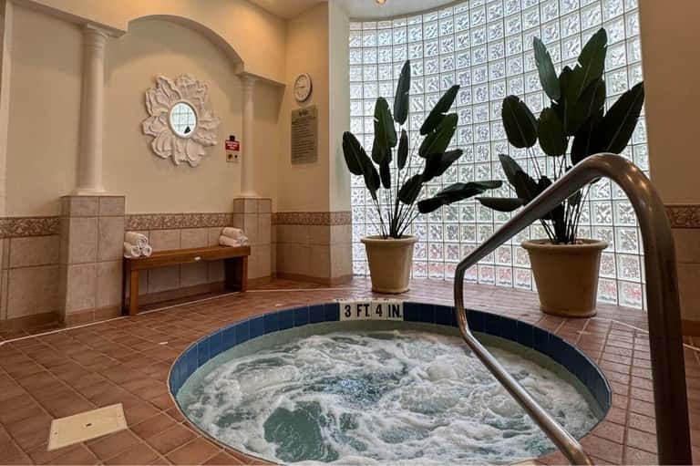 Indoor spa with hot tub at 3 ft 4 in depth, decorative mirror, potted plants, and glass block windows