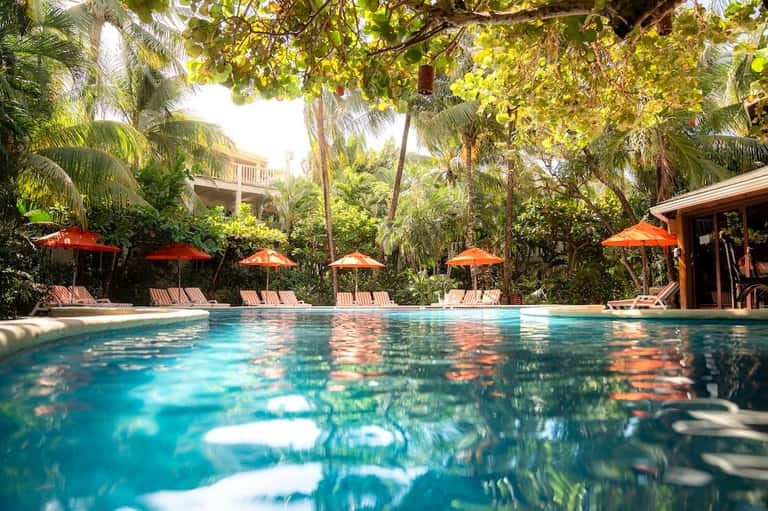 Resort pool surrounded by orange umbrellas, lounge chairs, and tropical vegetation