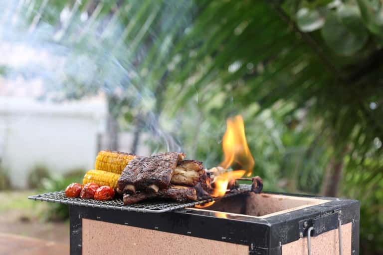 Grilled meat and corn cooking on fire pit grill with lush green foliage background