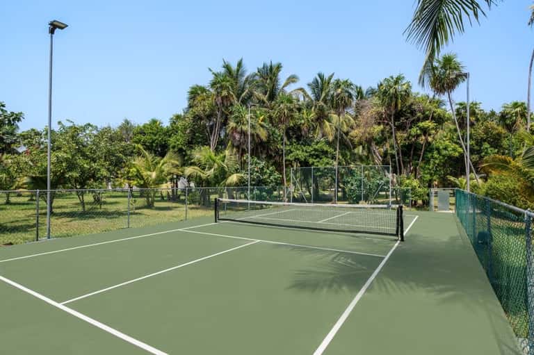 Tennis court with net surrounded by palm trees and green landscape at resort
