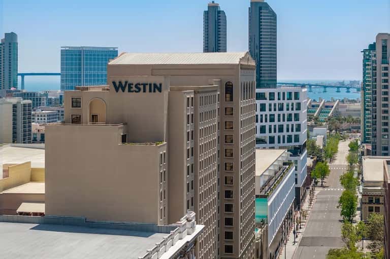 Downtown San Diego skyline view with Westin hotel building and bay bridge in background