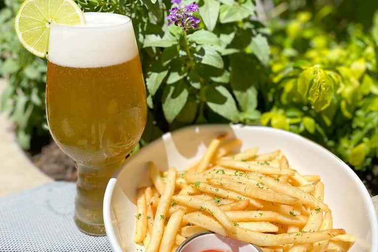 Cold beer with lime garnish and golden fries on white plate in garden setting