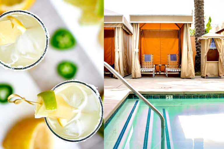 Poolside cocktails with lime garnish and resort cabanas with orange awnings