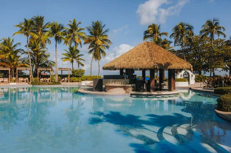 Resort pool with thatched-roof bar structure, wooden cabanas, and palm trees lining water