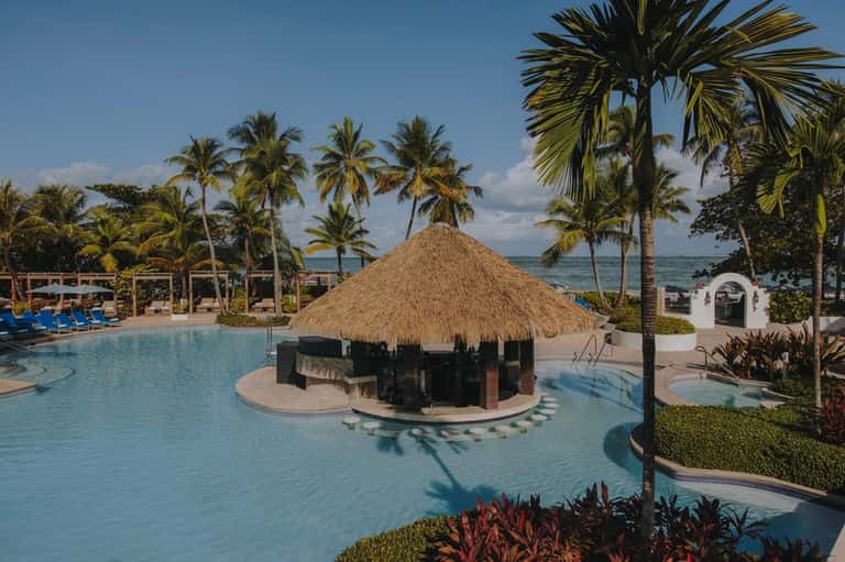 Resort pool with thatched-roof bar structure, palm trees, and lounge chairs surrounding turquoise water