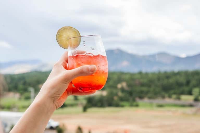 Hand holding a coral-colored cocktail with lemon slice, mountainous landscape in background