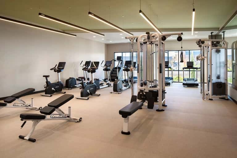 Modern fitness center with cardio equipment, weight machines, benches, and large windows overlooking the city