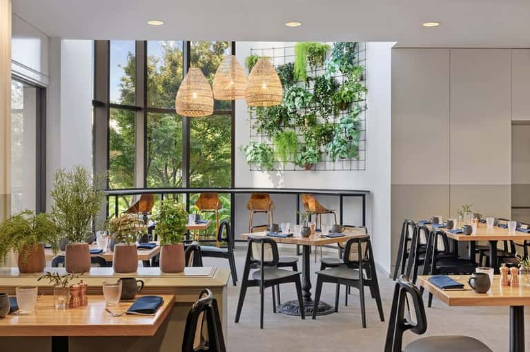 Modern dining room with floor-to-ceiling windows, green wall, and wooden tables