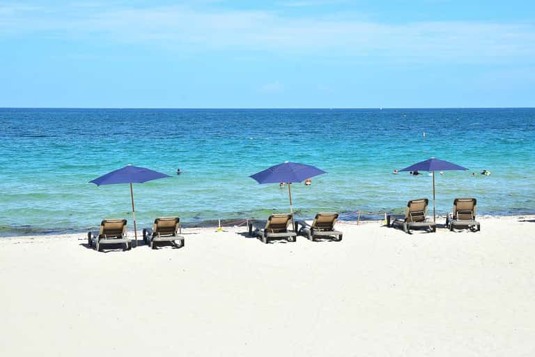 Multiple lounge chairs grouped under purple umbrellas on white sand beach with clear blue ocean