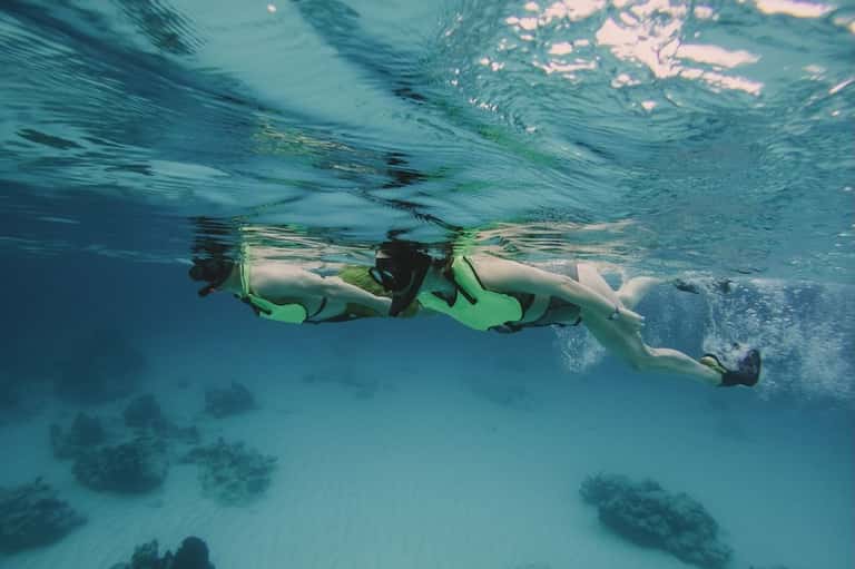 Two snorkelers in green wetsuits swimming underwater exploring coral reef formations