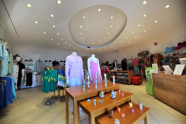 Modern boutique retail store interior with mannequins, clothing displays, and recessed lighting