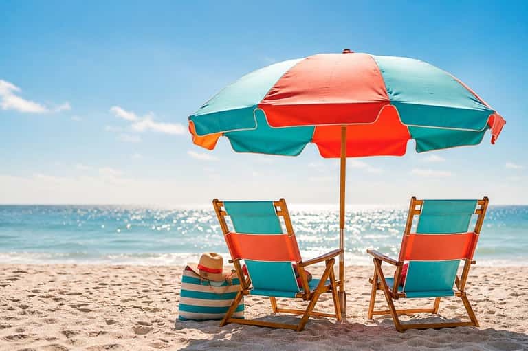 Vintage beach scene with teal and coral striped umbrella, chairs, and straw bag on sandy shoreline